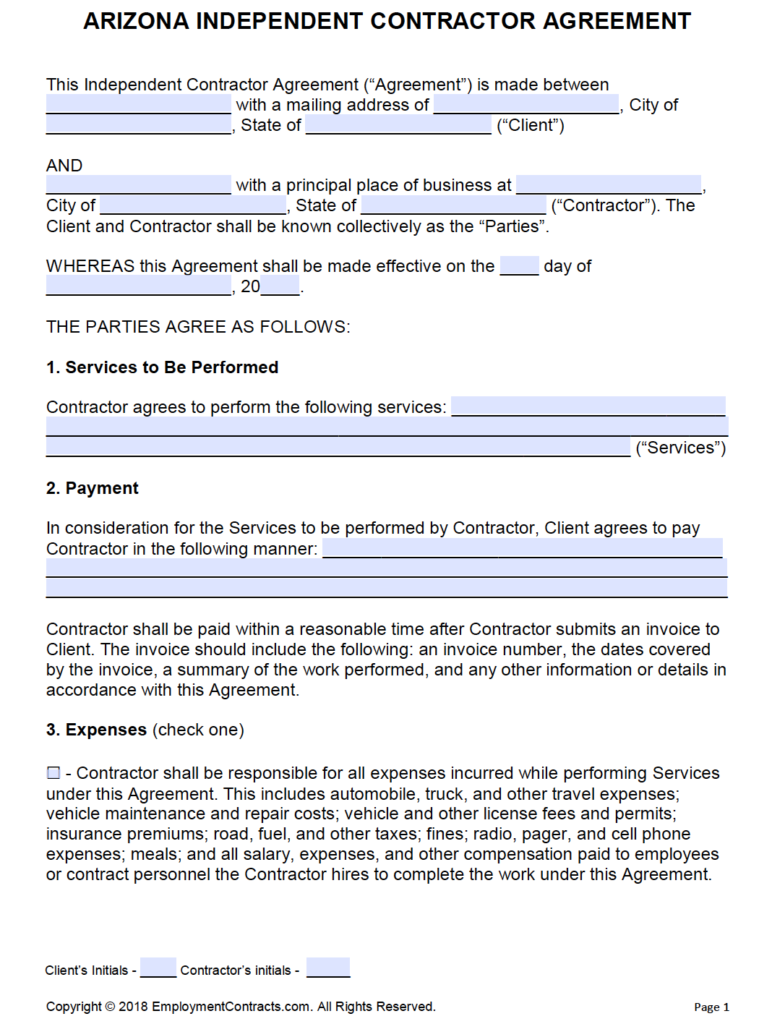 Arizona Independent Contractor Agreement PDF Word