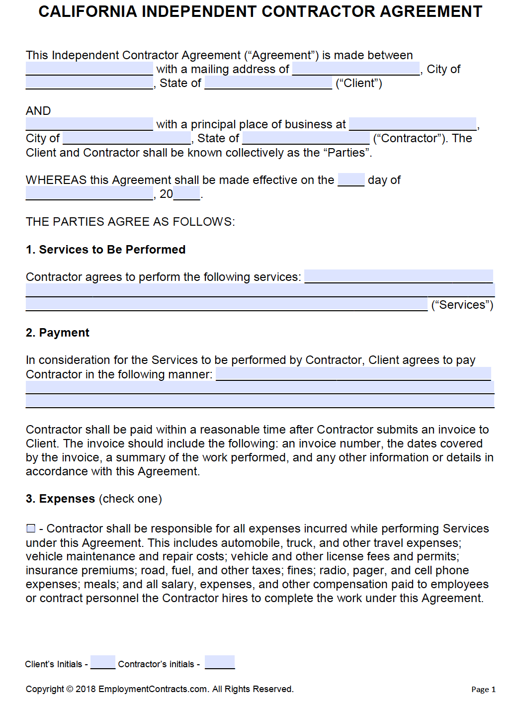 California Independent Contractor Agreement PDF Word