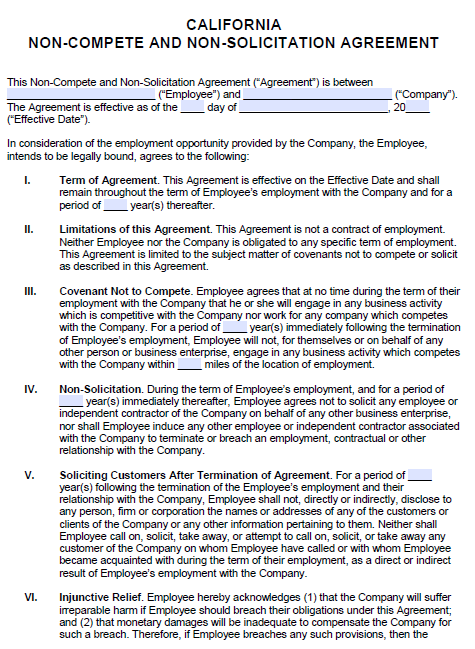 California Non Compete Non Solicitation Agreement PDF Word