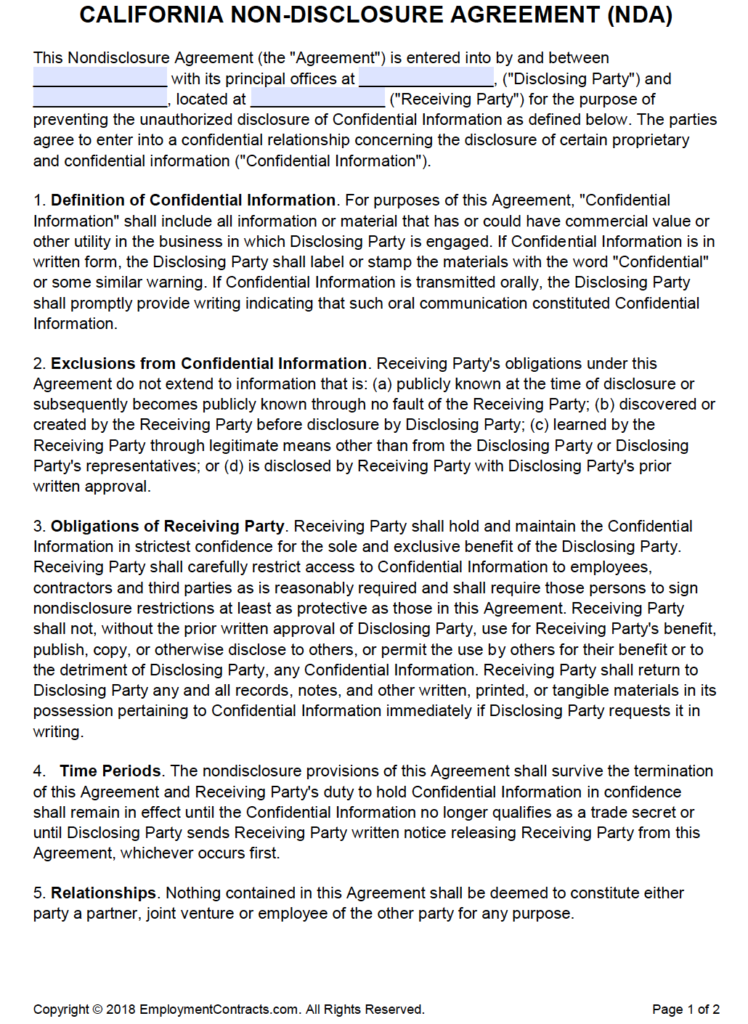 California Non Disclosure Agreement NDA PDF Word