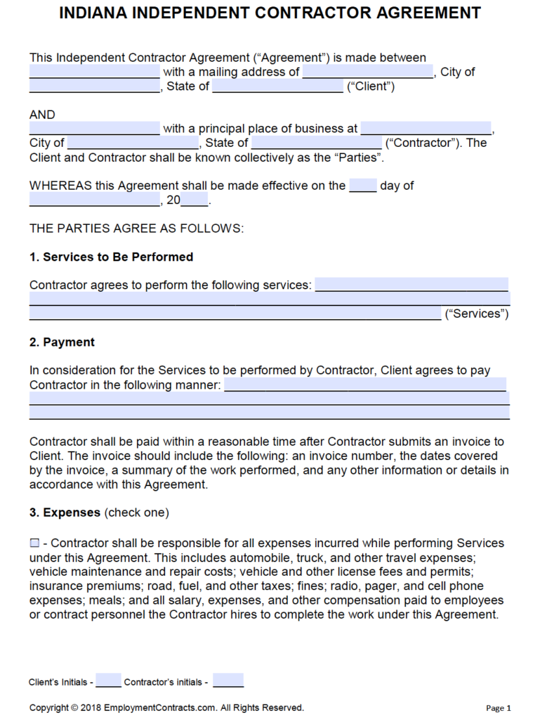 Indiana Independent Contractor Agreement PDF Word