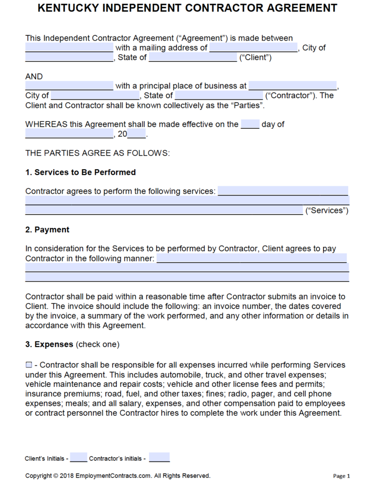 Kentucky Independent Contractor Agreement PDF Word