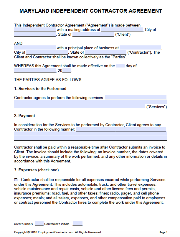 Free Maryland Independent Contractor Agreement Pdf Word