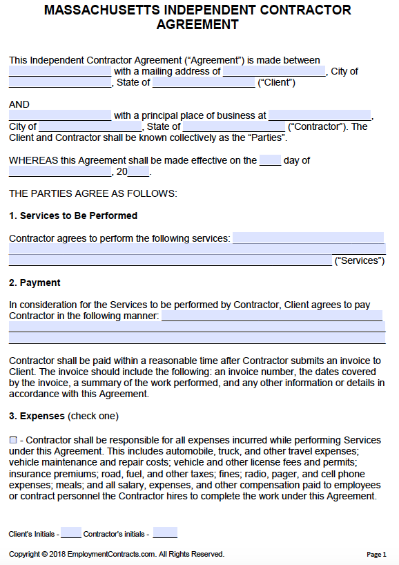Massachusetts Independent Contractor Agreement PDF Word