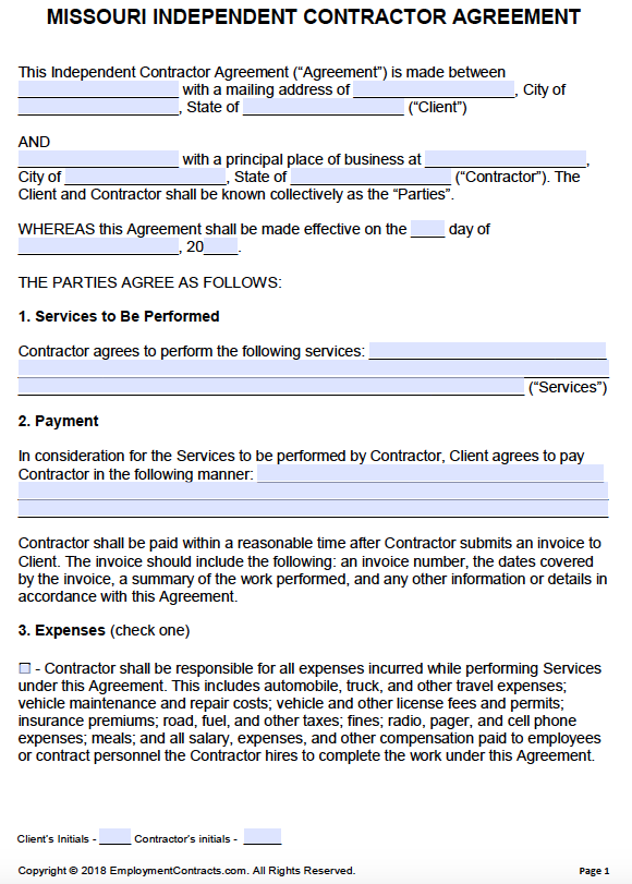 Missouri Independent Contractor Agreement PDF Word