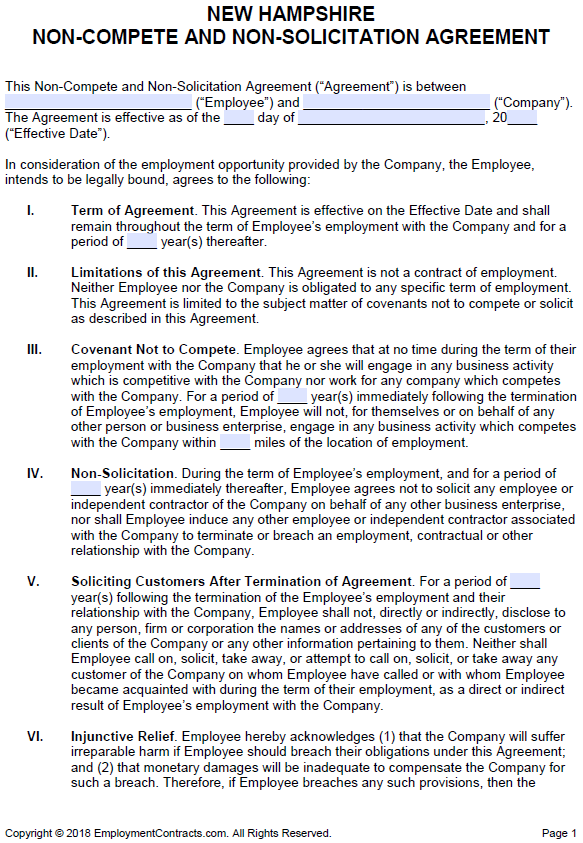 New Hampshire Non-Compete &amp; Non-Solicitation Agreement | PDF | Word