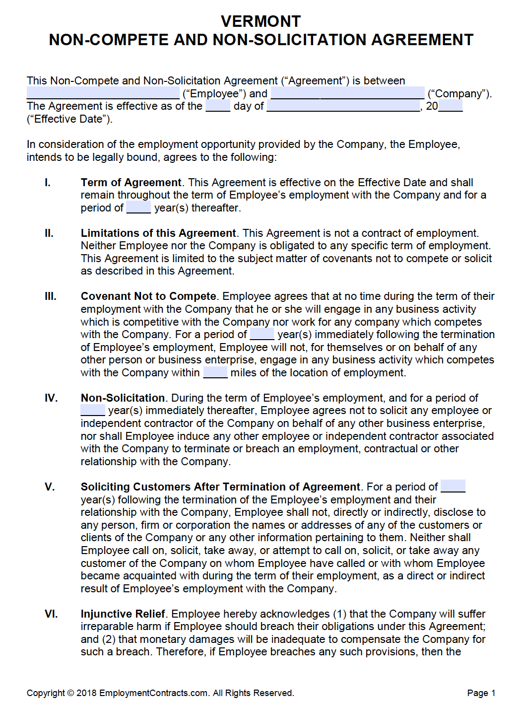 Vermont Non-Compete & Non-Solicitation Agreement | PDF | Word