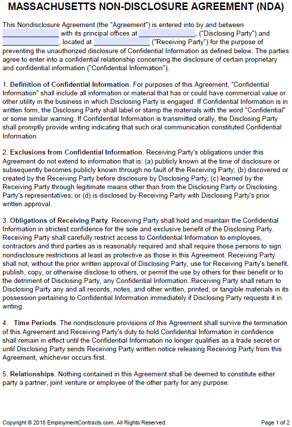 Massachusetts NonDisclosure Agreement (NDA) PDF Word