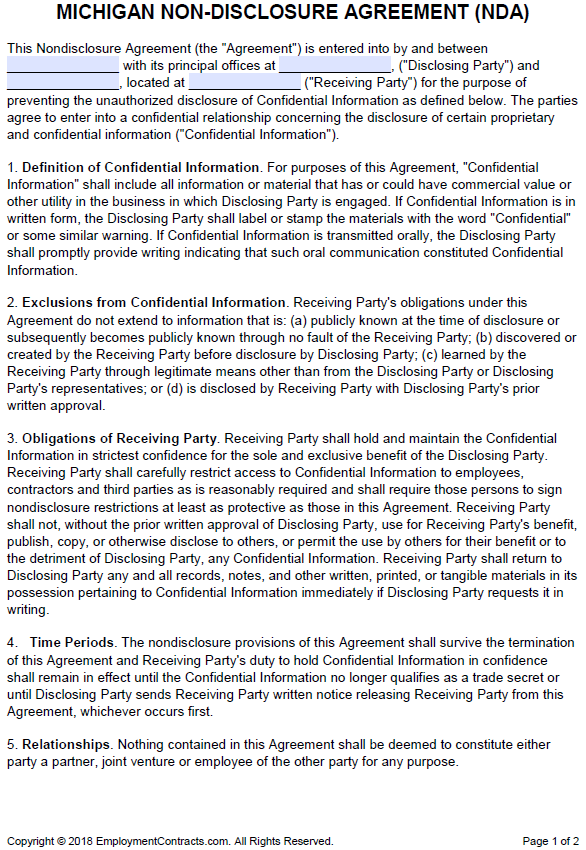 Michigan NonDisclosure Agreement (NDA) PDF Word