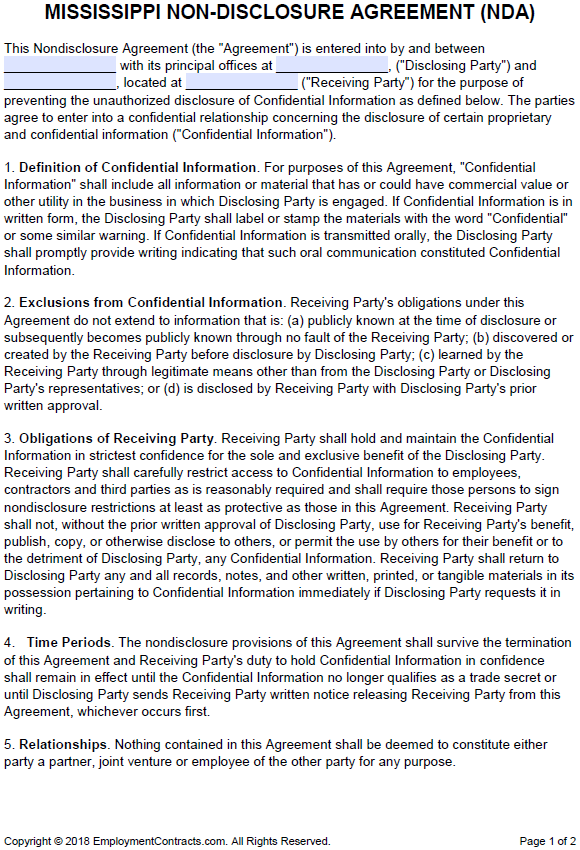 Mississippi NonDisclosure Agreement (NDA) PDF Word