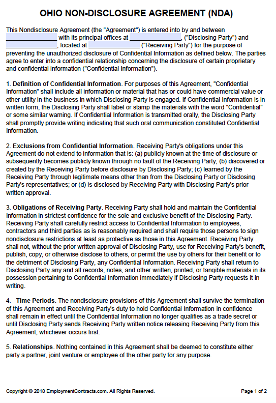 Ohio NonDisclosure Agreement (NDA) PDF Word