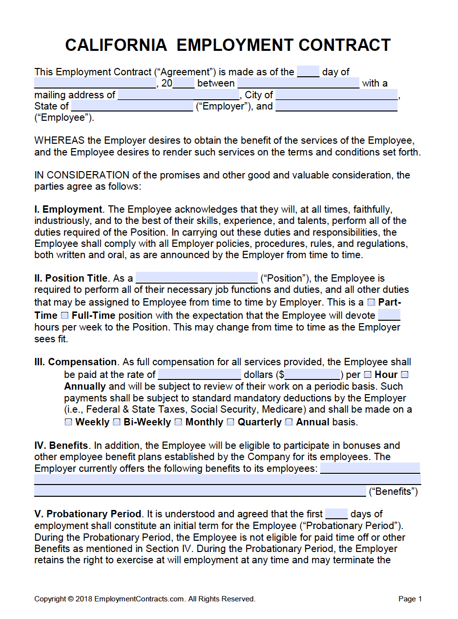 free california employment contract template pdf word