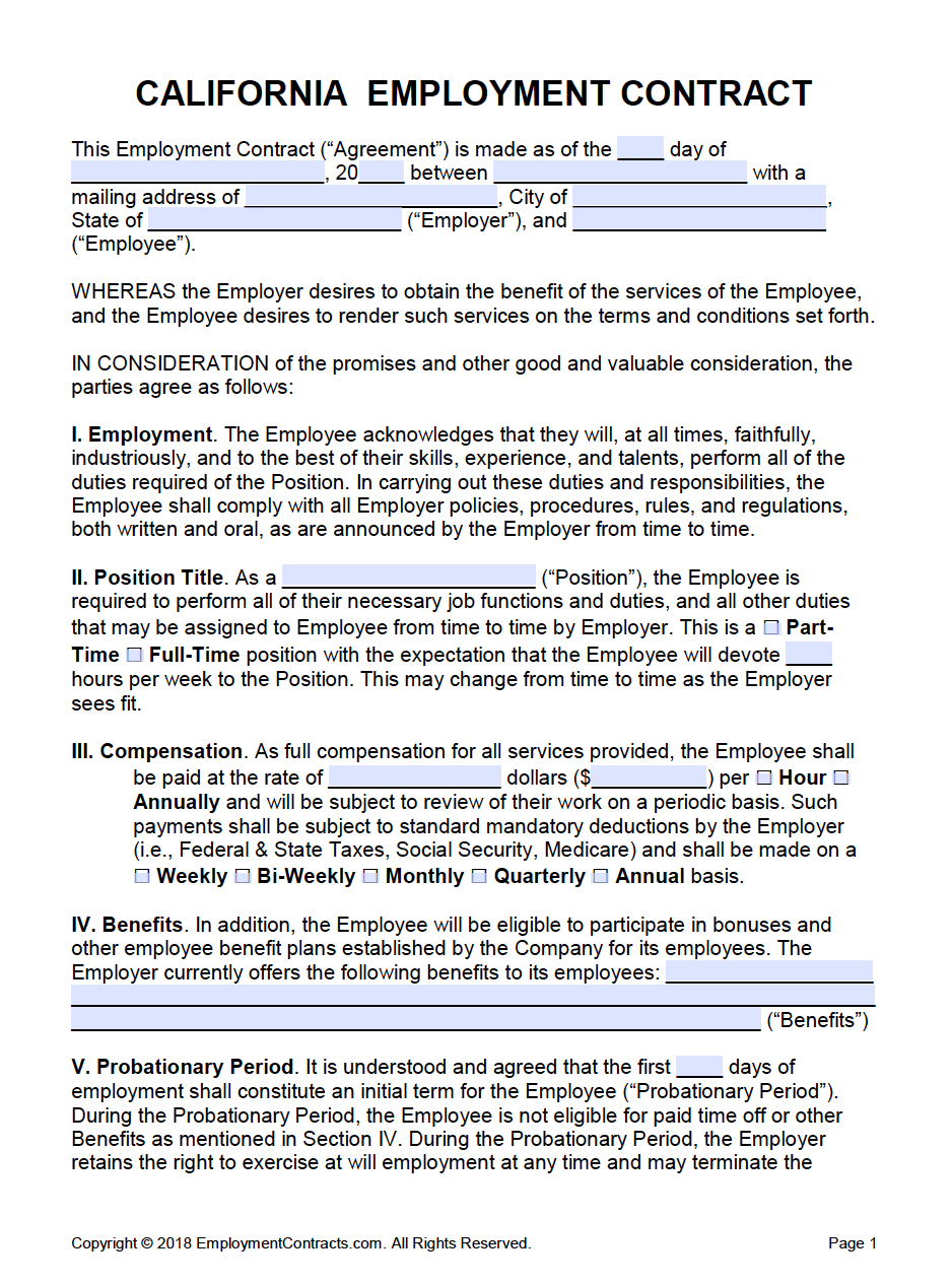 California Employment Contract Template PDF Word