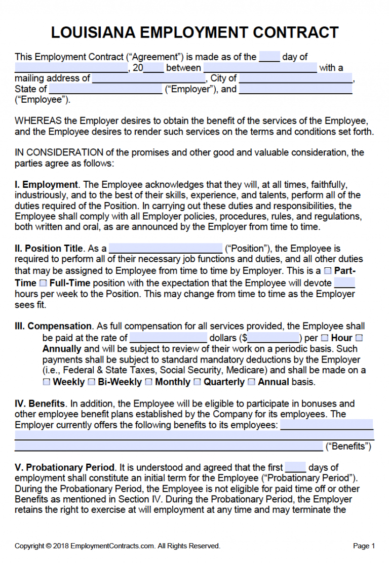 Free Louisiana Employment Contract Template PDF Word