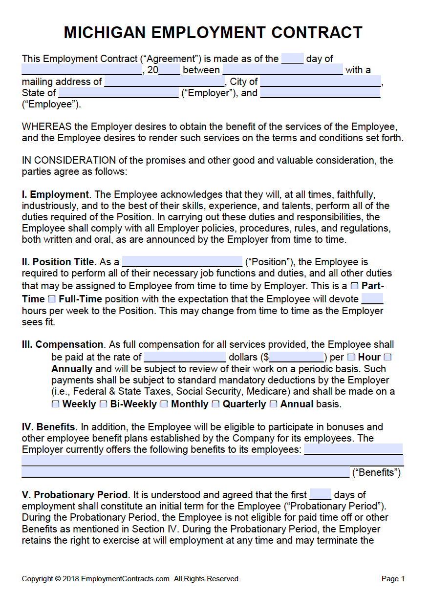 free michigan employment contract template pdf word