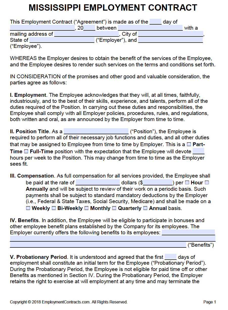 Mississippi Employment Contract Template PDF Word
