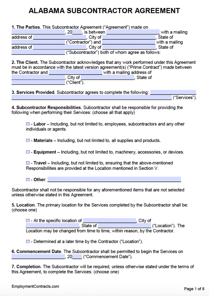 Alabama Subcontractor Agreement Template | PDF | Word