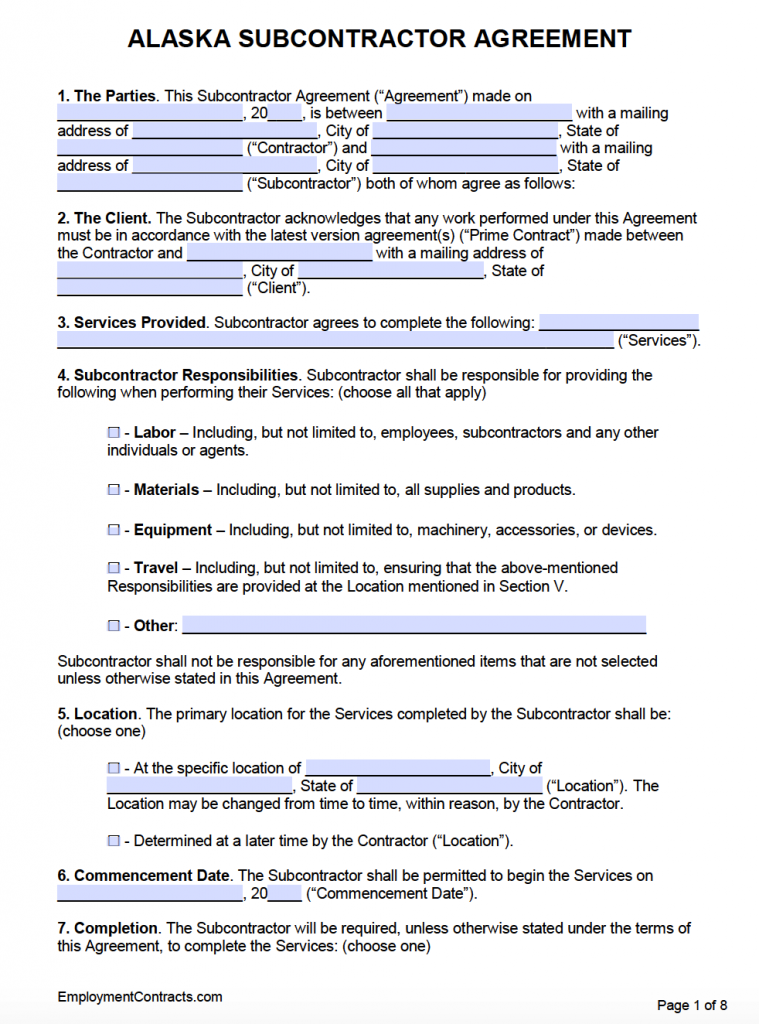 Alaska Subcontractor Agreement Template | PDF | Word