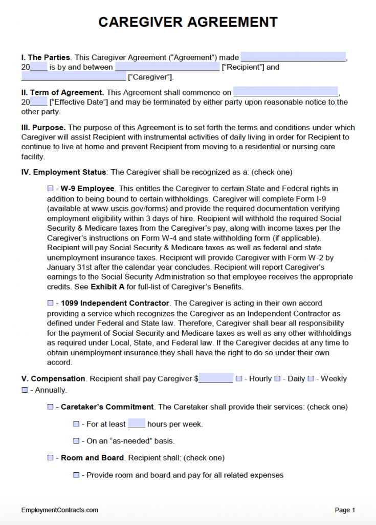 Caregiver Agreement Template Pdf Word 8326