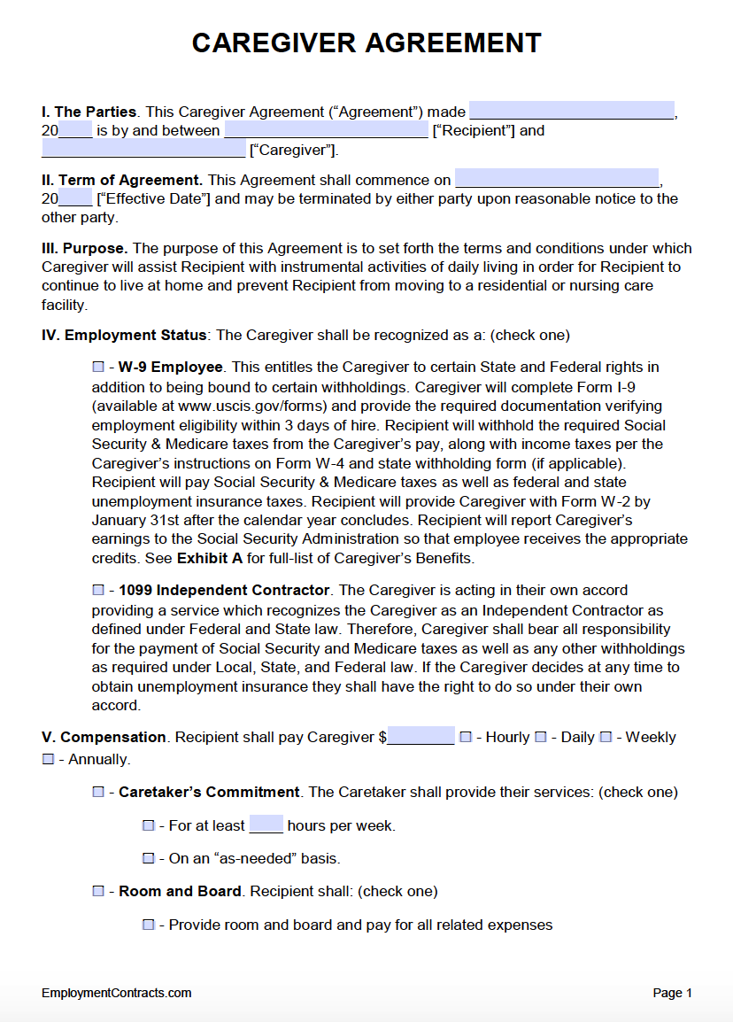 Free Caregiver Contract Template Printable Templates