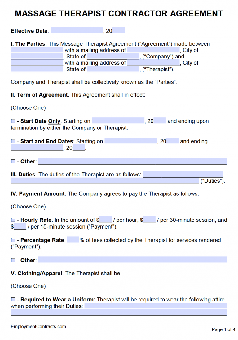 Massage Therapist Contract PDF Word