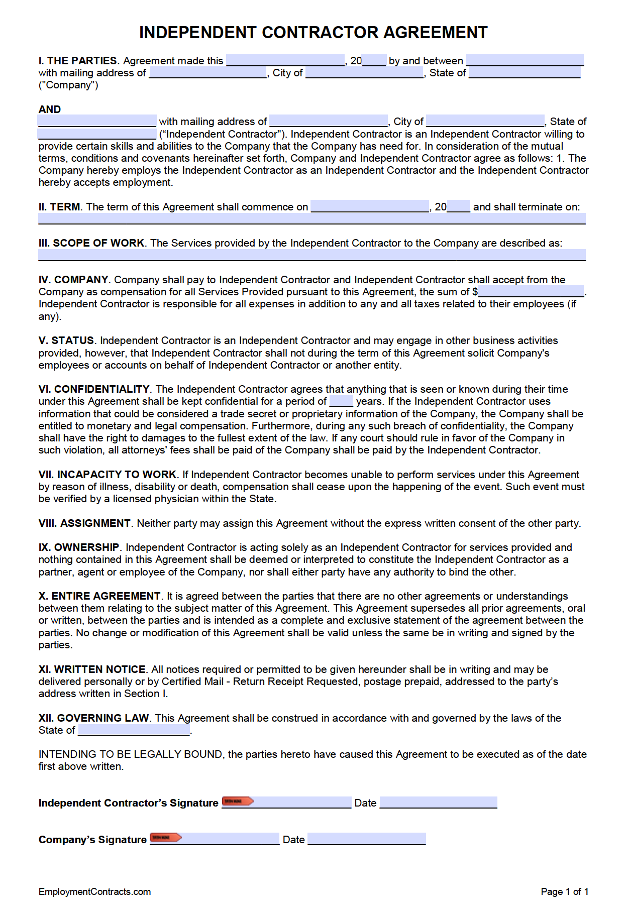 One 1 Page Independent Contractor Agreement Template PDF Word