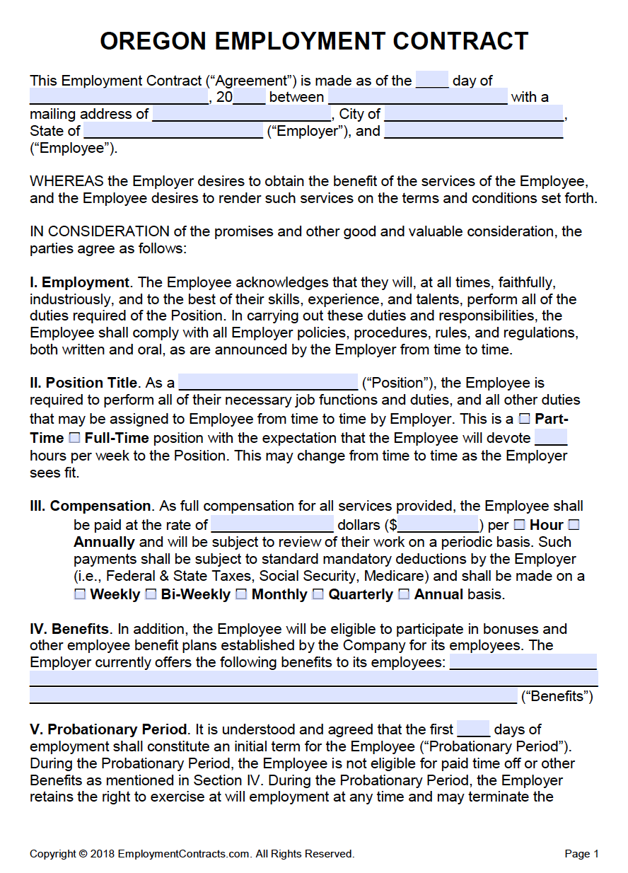 Oregon Employment Contract Template PDF Word