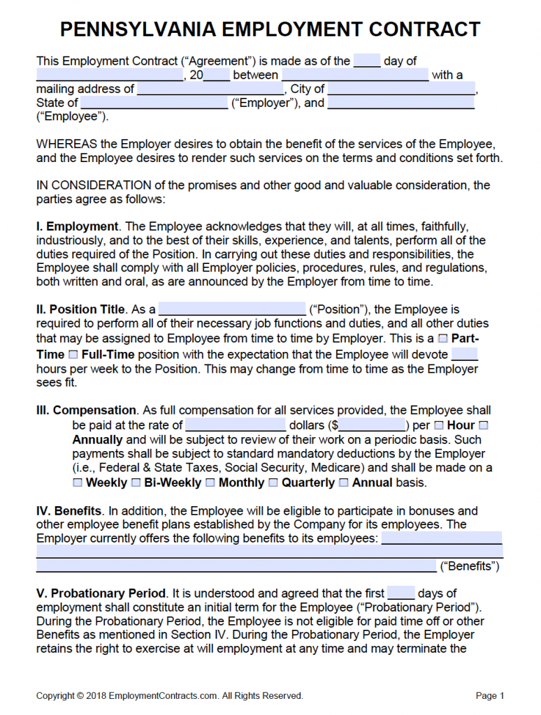 Pennsylvania Employment Contract Template PDF Word