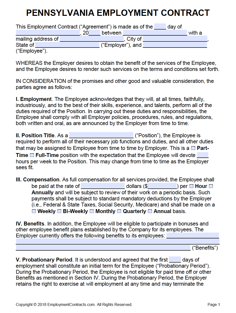 Pennsylvania Employment Contract Template PDF Word