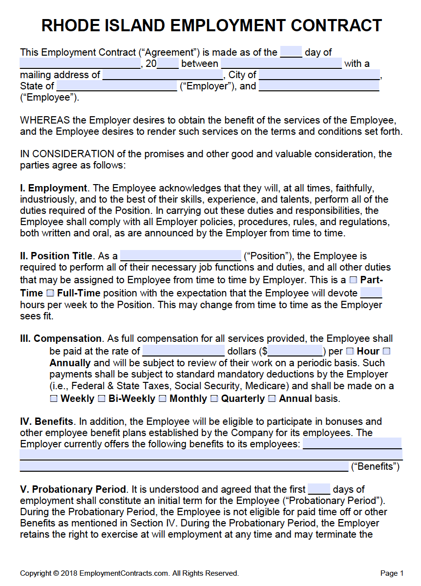 Rhode island employment contract template pdf word