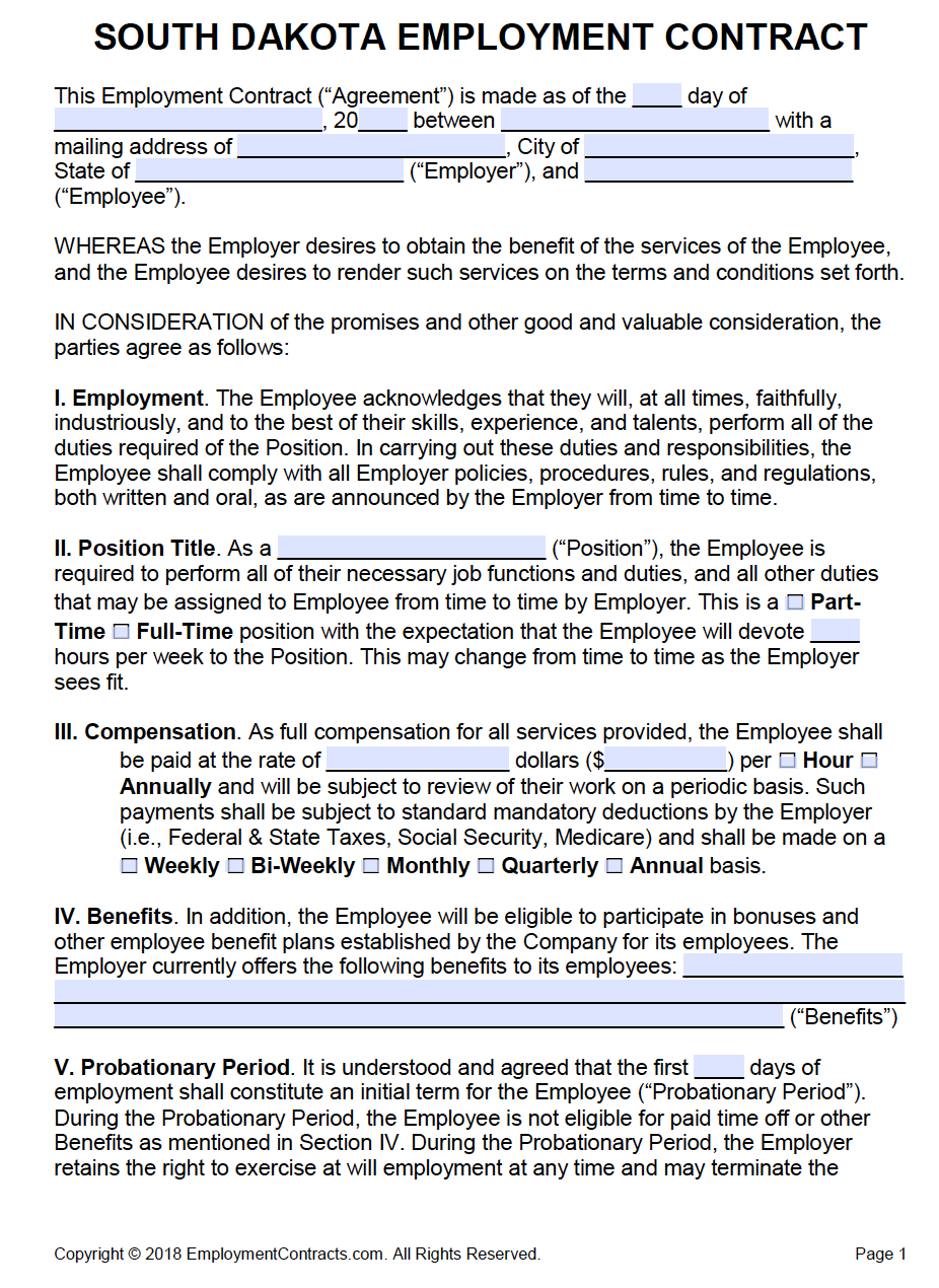 South Dakota Employment Contract Template PDF Word