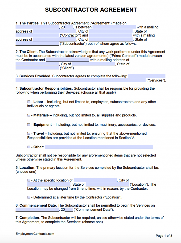 Subcontractor Agreement Template PDF Word
