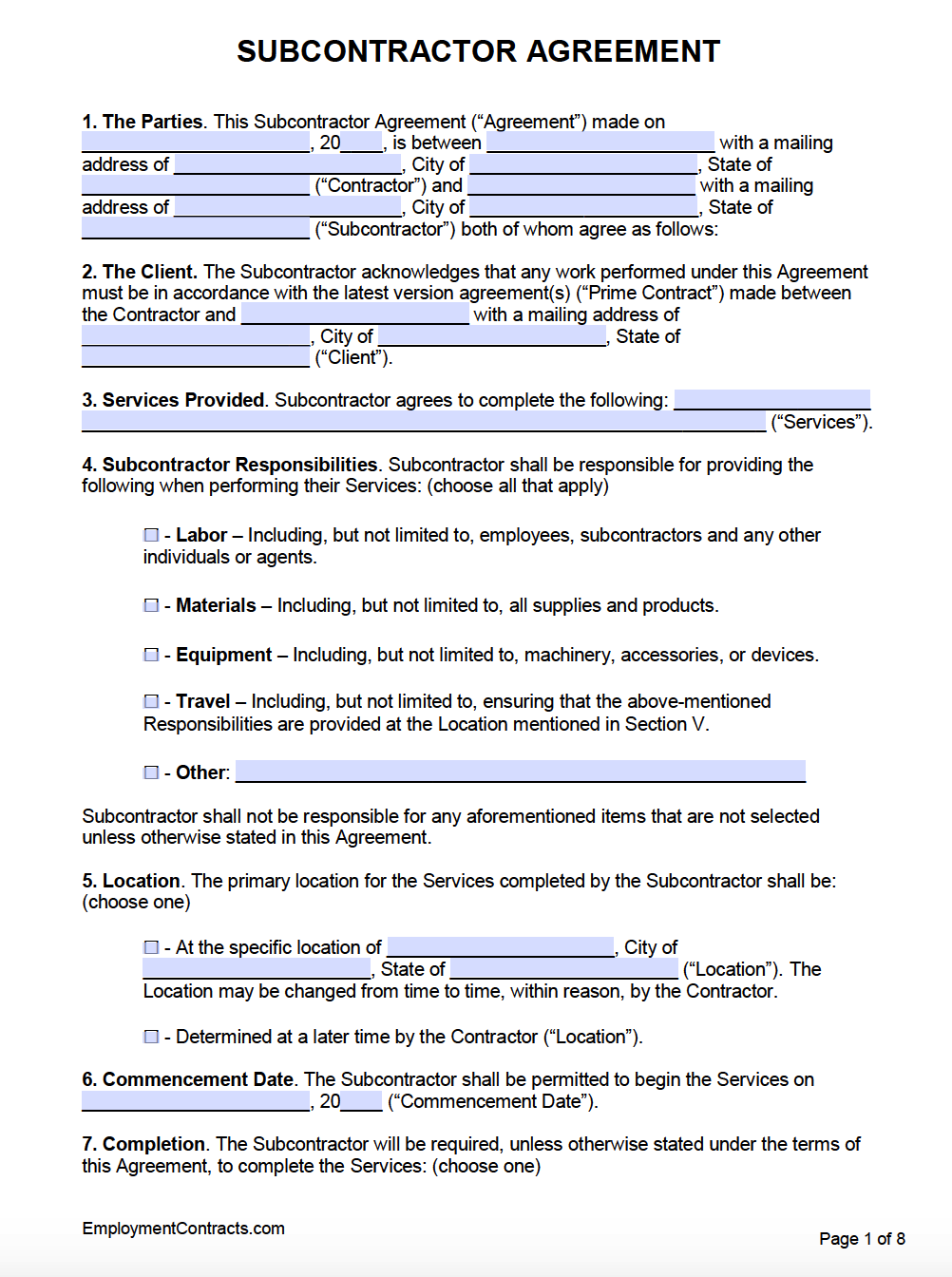 Free Subcontractor Agreement Template Pdf Word