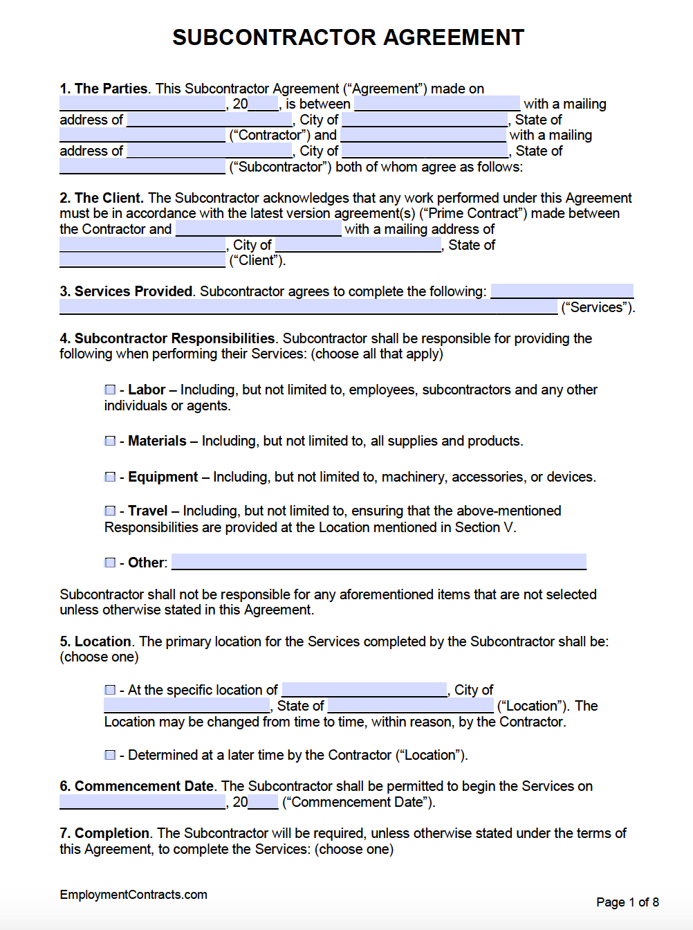 Subcontractor Agreement Template Free Agreement Templates