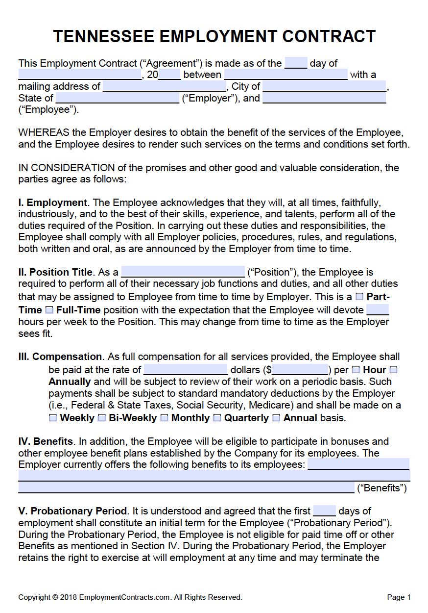 free tennessee employment contract template pdf word