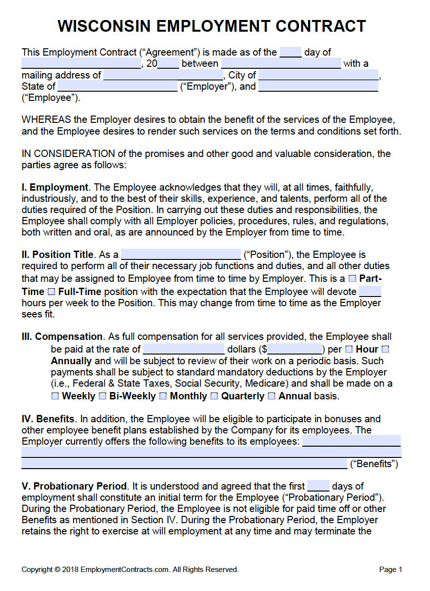 Wisconsin Employment Contract Template PDF Word