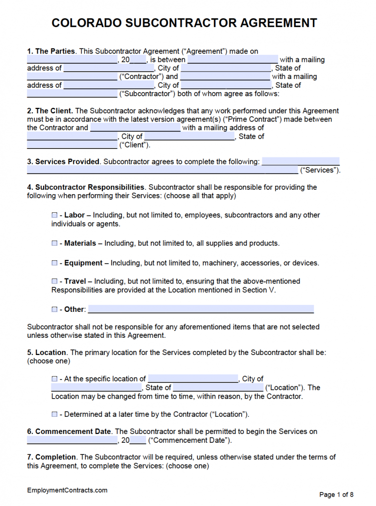 Colorado Subcontractor Agreement Template PDF Word