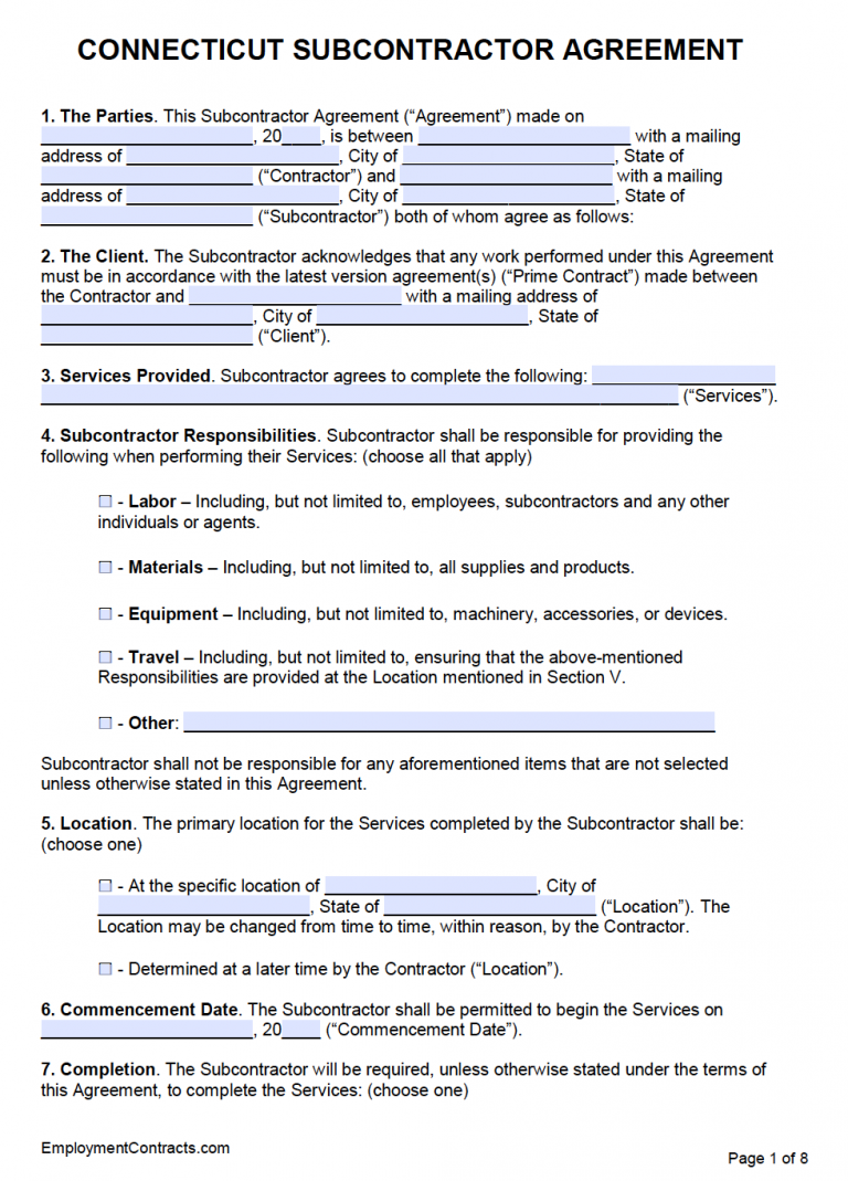 Connecticut Subcontractor Agreement Template | PDF | Word