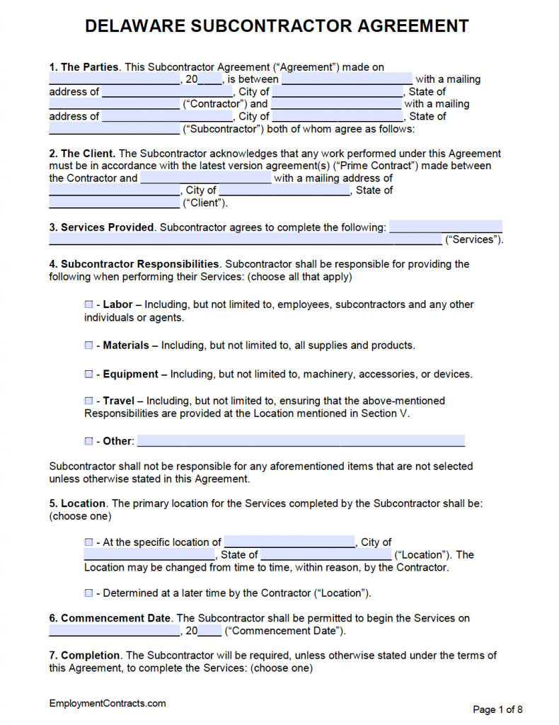 Delaware Subcontractor Agreement Template | PDF | Word