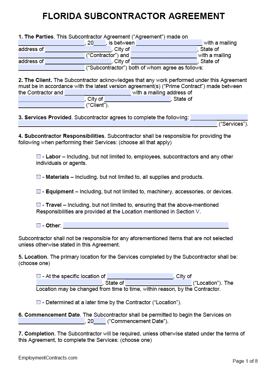 Florida Subcontractor Agreement Template PDF Word