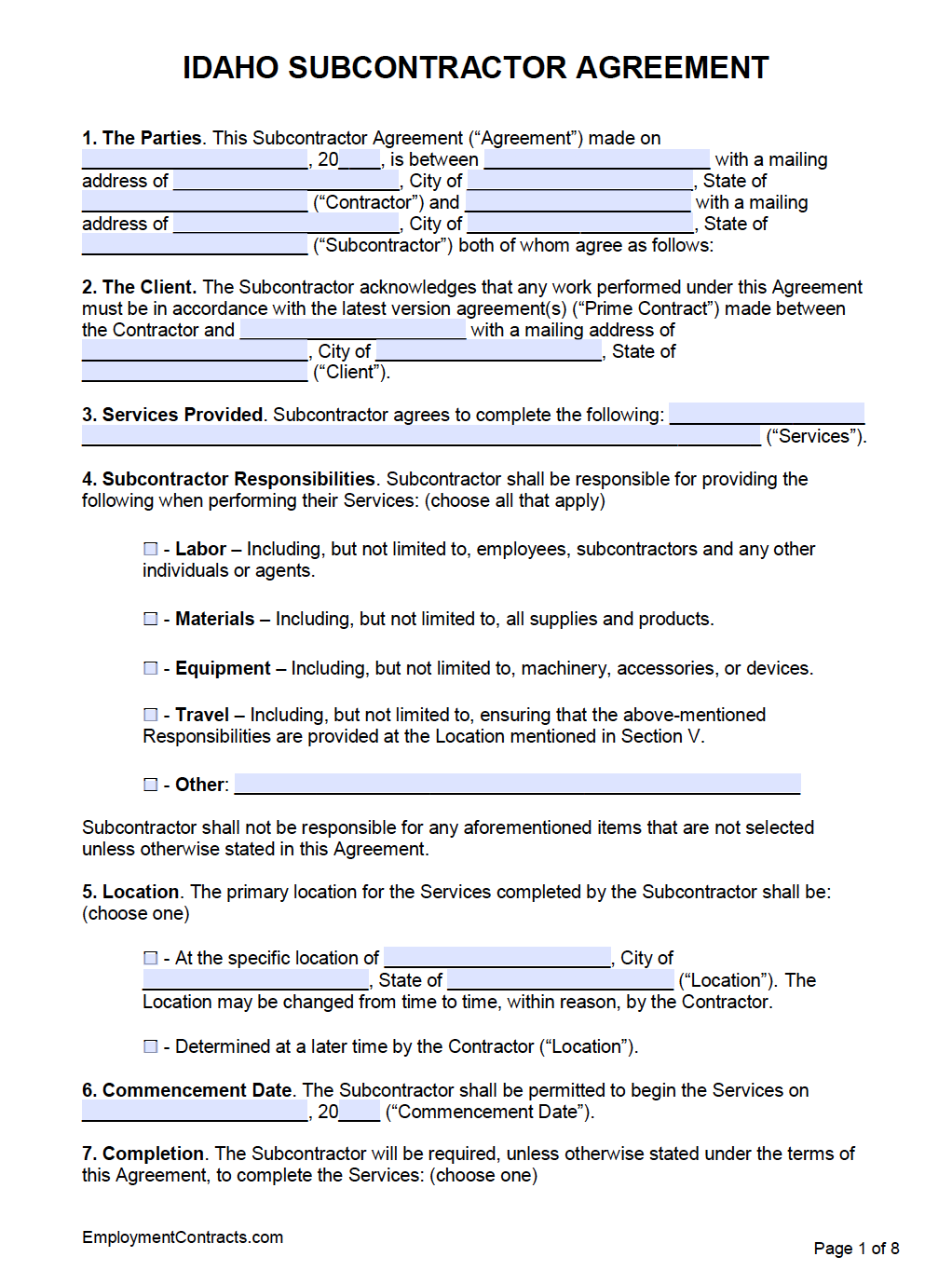 Idaho Subcontractor Agreement Template | PDF | Word