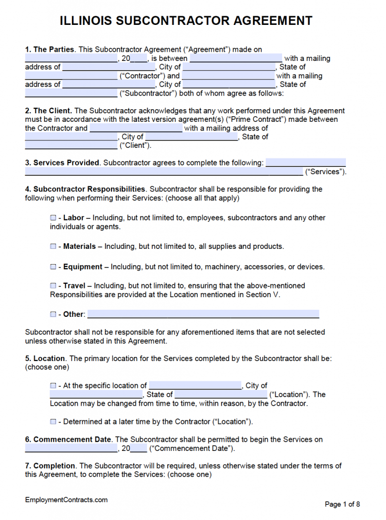 Illinois Subcontractor Agreement Template | PDF | Word