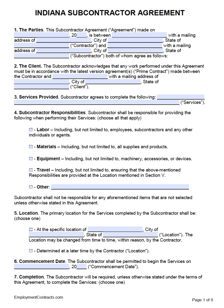 Indiana Subcontractor Agreement Template | PDF | Word