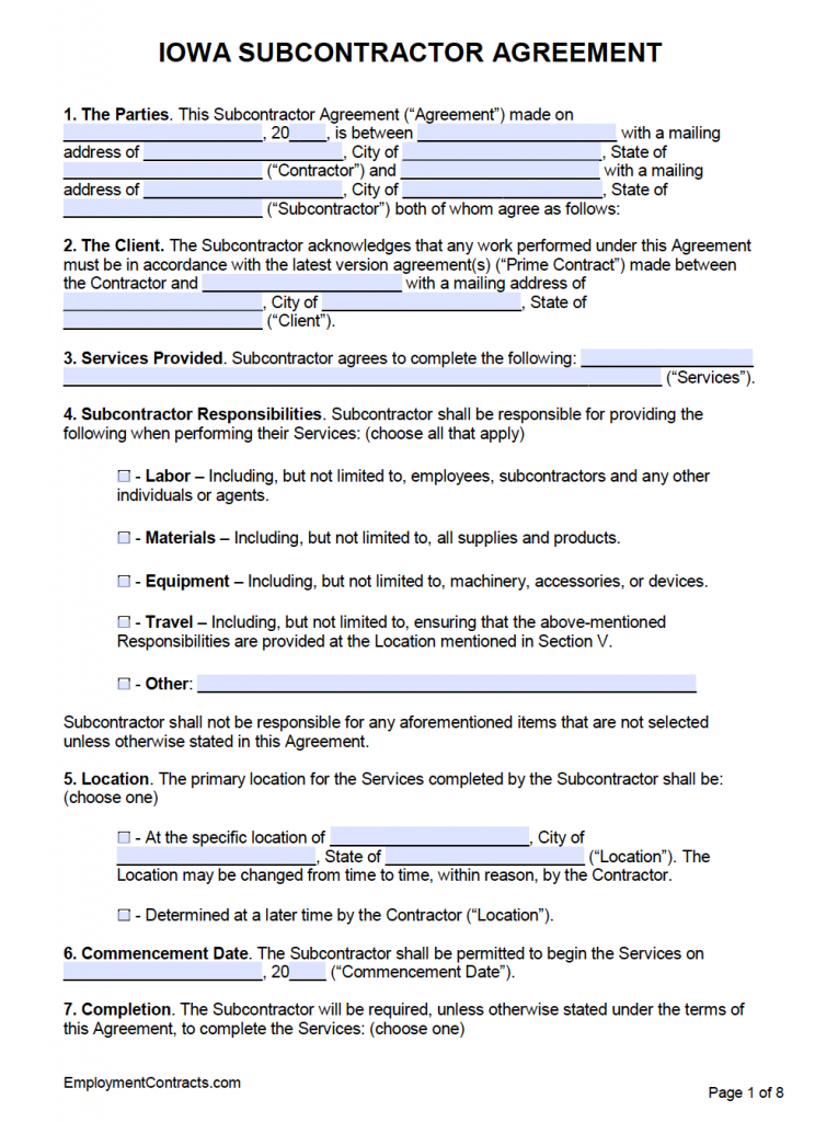 Iowa Subcontractor Agreement Template | PDF | Word