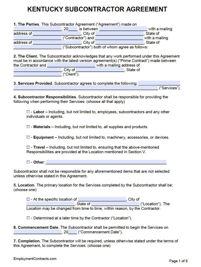 Kentucky Subcontractor Agreement Template | PDF | Word