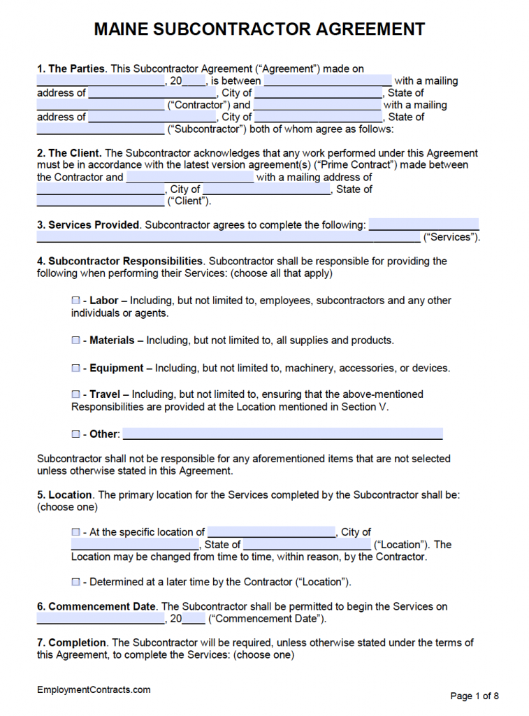 Maine Subcontractor Agreement Template PDF Word