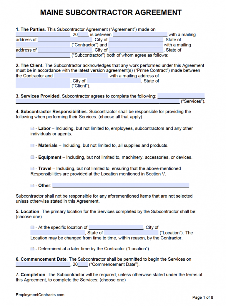 Maine Subcontractor Agreement Template | PDF | Word