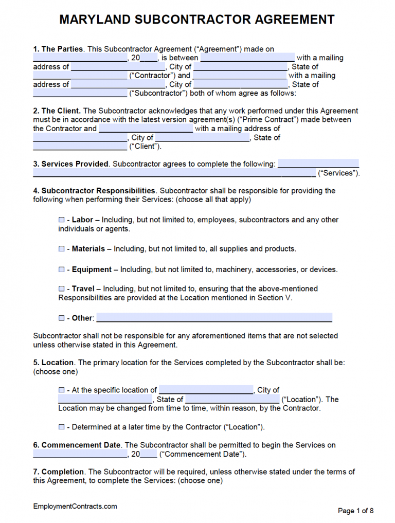 Free Maryland Subcontractor Agreement Template PDF Word