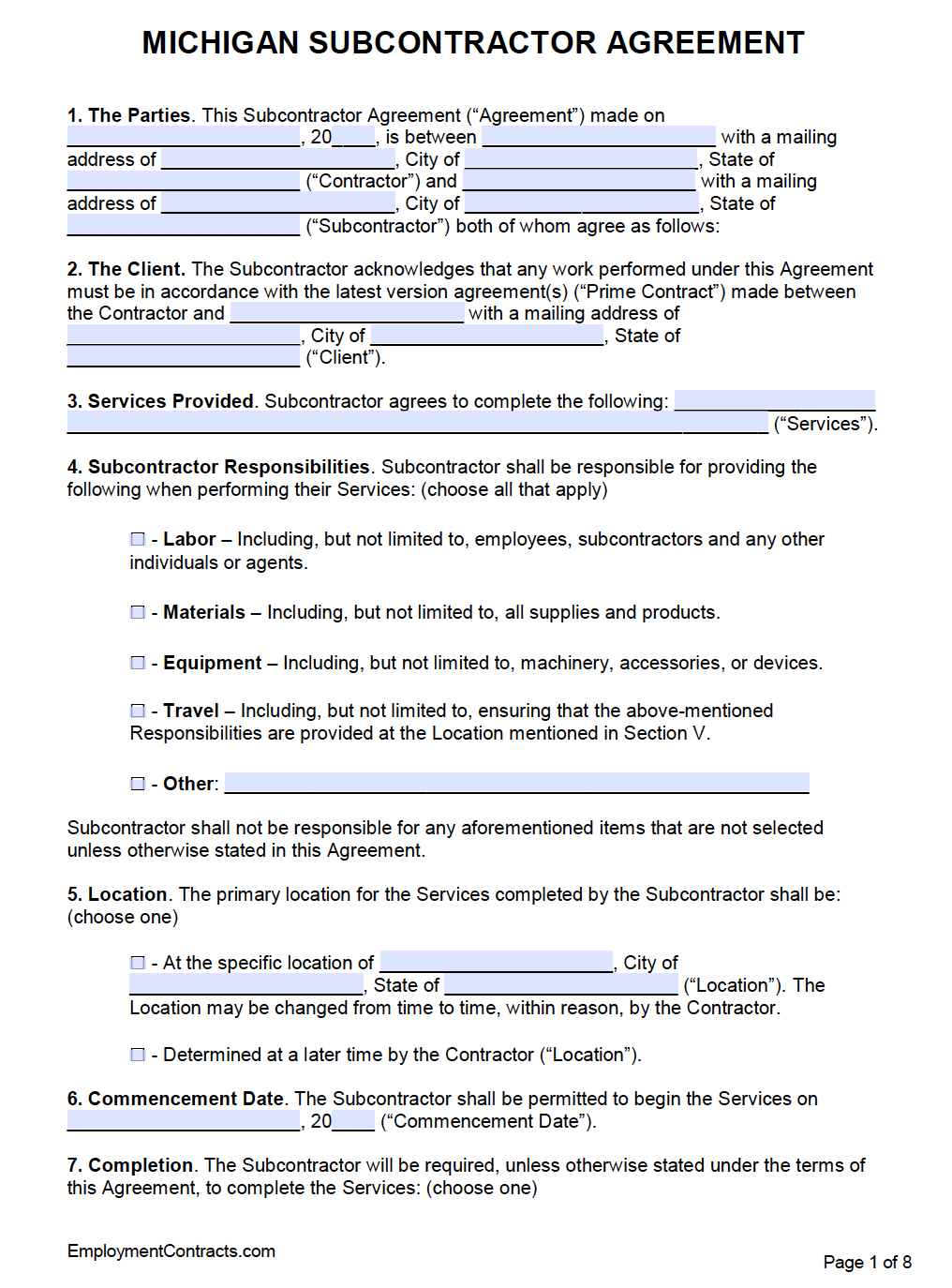Michigan Subcontractor Agreement Template PDF Word
