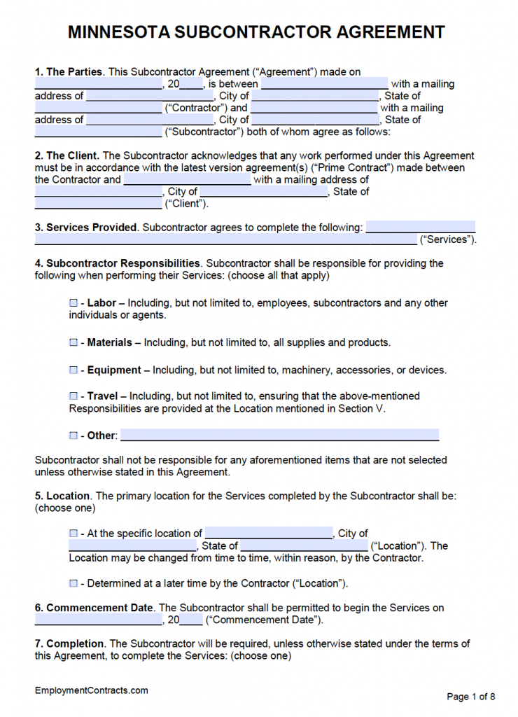 Minnesota Subcontractor Agreement Template | PDF | Word